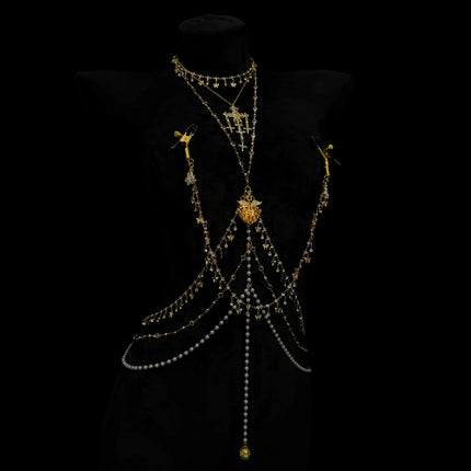Diamond-Studded Nipple Clips SM Body Chain Glowing Heart Breast Restraint Anal Stimulator with Vaginal Clamps  Training Sex Toys