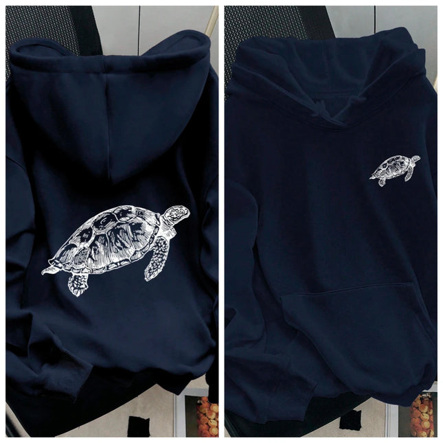 Womens Cotton Hoodie Dark Blue Color Sea Turtle Print Front Small Back Large Design Loose Fit Autumn Winter Warmth Casual