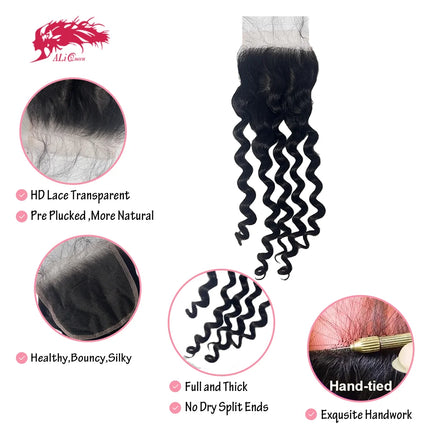 Ali Queen Hair Natural Wave 4x4 5x5 Lace Closure Human Hair HD Lace Frontal Original Raw Hair Free Part Pre plucked