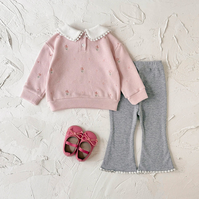 1-3 Years Baby Girl Clothes Pink Peter Pan Collar Sweatshirt and Flare Pants Set Floral Embroidery Toddler Outfit