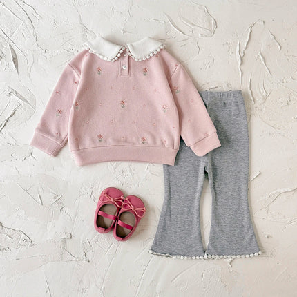 1-3 Years Baby Girl Clothes Pink Peter Pan Collar Sweatshirt and Flare Pants Set Floral Embroidery Toddler Outfit