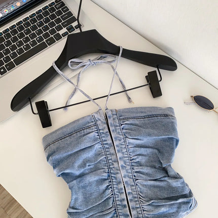 SINGREINY Beach Denim Tank Top 2026 Halter Ruched Slim Solid Camisole Streetwear Hot Girl Basics Y2K Backless Sexy Crop Top