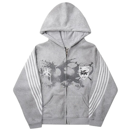 Autumn Winter Casual Loose Party Harajuku Zipper Coat American High Street Vintage INS Hip Hop Striped Print Long Sleeved Hoodie