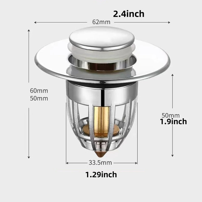 Universal Rebound Drain Plug Filter Basin Pop-up Chrome Sink Filter with Hair Catcher Bathroom Sink Drain Stopper Easy Push Type