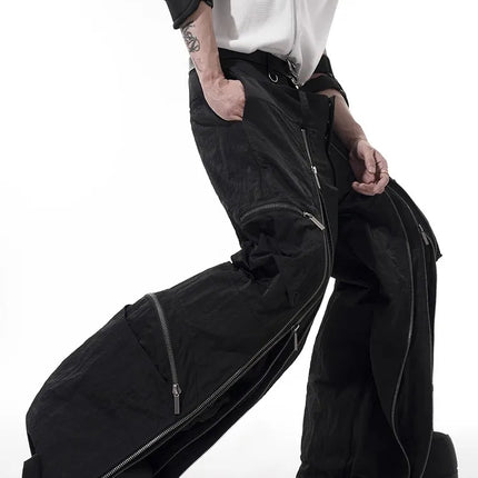 Mauroicardi Spring Autumn Cool Black Baggy Wide Leg Techwear Pants for Mens with Many Zippers Luxury Designer Clothes Streetwear