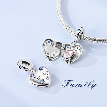 Charm Bead 925 Sterling Silver Heart Starry Sky Family Mother-Daughter-Sister Charm Fit Bracelets Pendant Women DIY Jewelry Gift