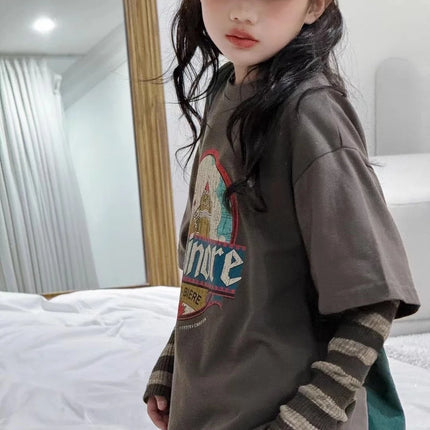 Bora Children's Faionable Girl's 2025 New Autumn Sweatirt Fake Two-Piece Children's T-irt Boys And Girls Casual Loose Fit