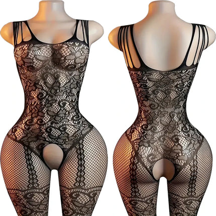 Off Shoulder Open Crotch Underwear Set Black Fishnet Hollow Bodystockings Sexy Crotchless Lingerie Women Erotic Teddy Bra Sets