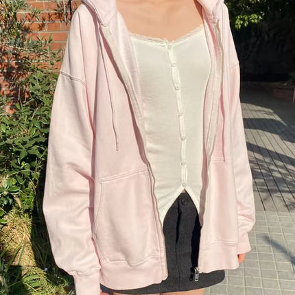 Pink Sweet Oversized Hoodie Autumn Long Sleeve Hooded Zip-up Cotton Sweatshirt Casual Simple Preppy Style Cute Hoodies Top Woman