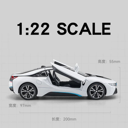 1:22 BMW I8 Sports Car Alloy Diecast Model Car Vehicle Collection Simulation Sound & Light Toys Car Children Birthday Day Gifts