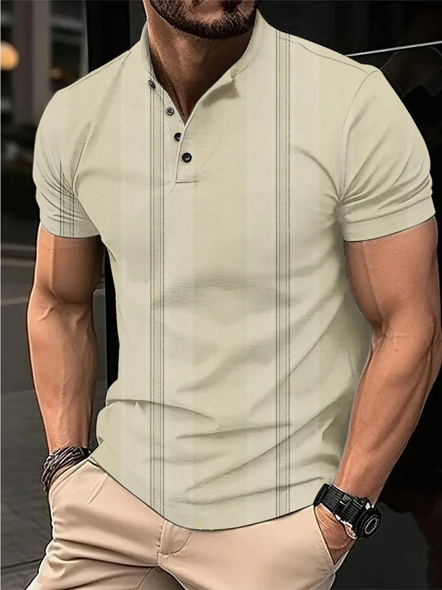 Men's 3D Digital Printed Plaid Casual Short Sleeved Buckle T-shirt Polo Shirt Top
