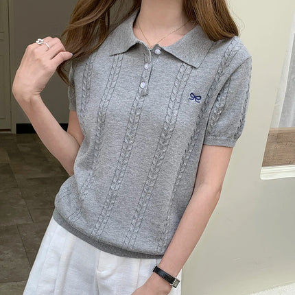 Summer 100% cotton women's T-shirt casual knit pullover short sleeved loose POLO collar Tees Pull luxury brand embroidery Tops