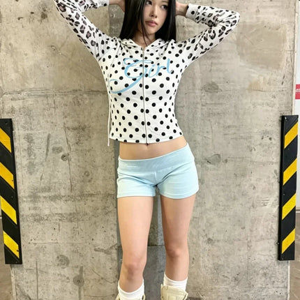 Retro Y2K Style Polka Dot Hooded Zip Up Top Women With Girl Print Design For Summer Casual Daily Wear