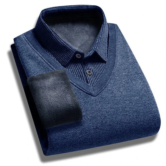 Autumn and Winter New Collection with Fleece Fake Two Piece Long Sleeved Polo Shirt for Men Fashionable and Casual Versatile Top