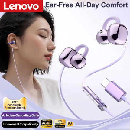 Lenovo 3.5mm/Type-C Clip-On Wired Earphones Bone Conduction HiFi Sound Ultra Light Noise Cancelling Mic For Gaming Work Travel