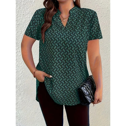 Plus Size 1XL-5XL New Women's Fashion Print Notch Neck Blouse Casual Short Sleeve Blouse For Spring