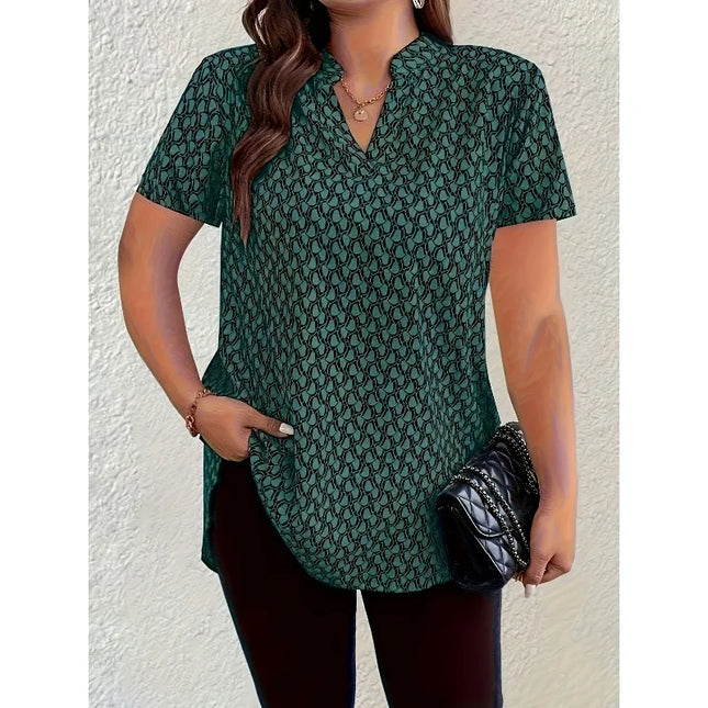 Plus Size 1XL-5XL New Women's Fashion Print Notch Neck Blouse Casual Short Sleeve Blouse For Spring