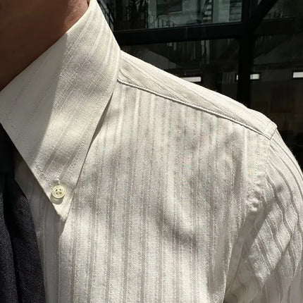 2026 Spring Fall Daily Casual Mens Slim Shirts Long Sleeve Turn-down Collar Button Shirt Top Men Fashion Striped Texture Shirt