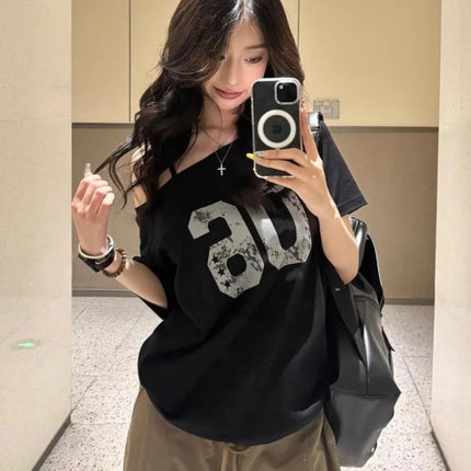 Black Off Shoulder Slant Neck Short Sleeve T-Shirt 2025 Summer Women Sweet Cool Loose Casual Streetwear Fashion