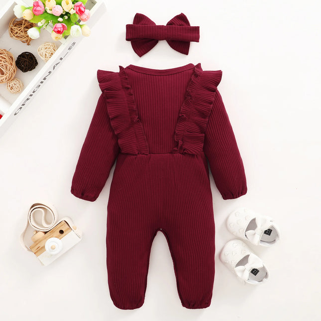 Baby girl Clothing Solid Color Ruffled Ribbed Long sleeved Jumpsuit 0-18 Months old Baby Girl Spring and Autumn Crawling Suit