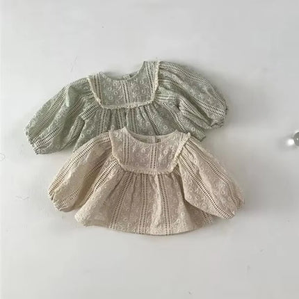 2025 New Autumn Toddlers Girls Lace Blouses Puff Sleeve Ruched Tops Korean Style Baby Kids Loose Shirts Children Clothing