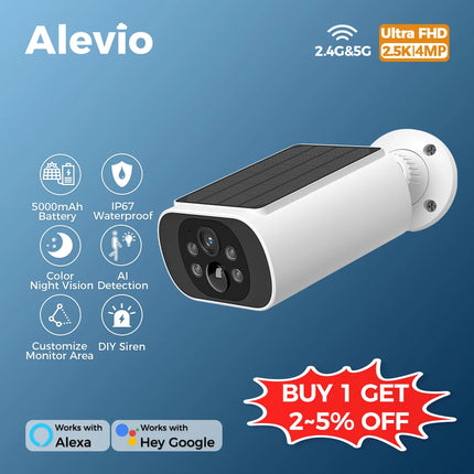 ALEVIO 2.5K Outdoor Solar Camera Wireless Cam WIFI Ultra Standby Time PIR Motion Light Color Night Vision AI Detect Battery Cam