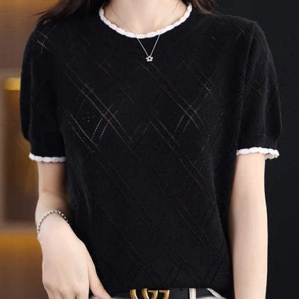 Summer New 100% Cotton Women's T-shirt Casual Solid Color Hollow Out Knit Pullover Short Sleeved Casual Fashion Round Neck Tees