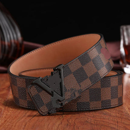 Luxury Plaid Leather Belt Men - Classic Business Smooth Buckle Waist Belt / Luxury Plaid Leather Belt Men - Business