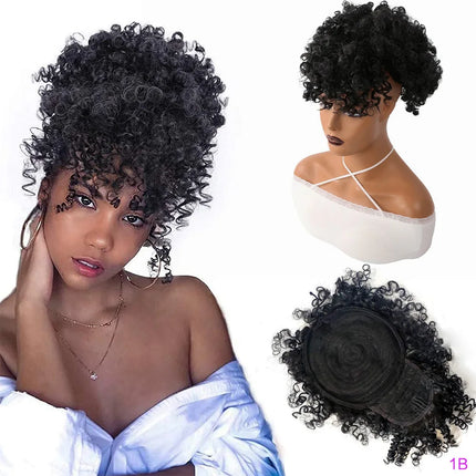 Afro Puff Drawstring Ponytail with Bangs Pineapple Updo Hair for Black Women, Short Kinky Curly Synthetic Ponytail Bun