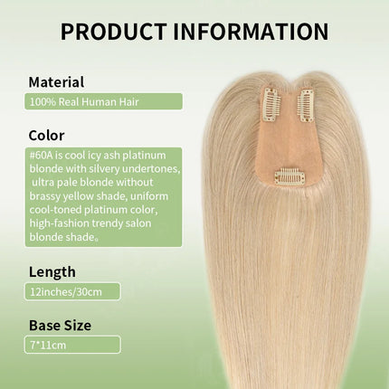 12 Inch 30cm Brazilian Human Hair Topper with 7x11 Swiss Lace Base Invisible Scalp Clip on Natural Blend for Thin Crown Hair