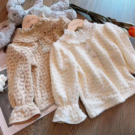 2025 Baby Girls Sweet Lace Soft Velvet Tops Sweaters Elegant Girl Kids Autumn Winter Clothing Children Comfortable Clothes