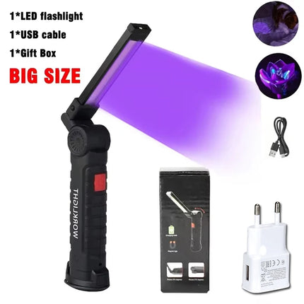395nm LED UV Flashlight USB Rechargeable Foldable Lamp with Magnet Hook UV Light Ultraviolet for Pet Urine Detector Resin Curing