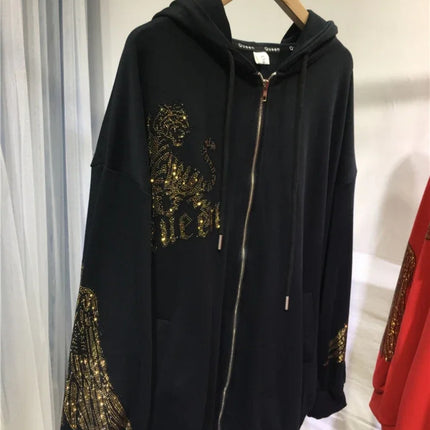 Vibrant Tiger Rhinestones Zip Up Plus Size Hoodies for Women Men Winter Autumn Luxury Big Size Hooded Sweatshirt with Zipper