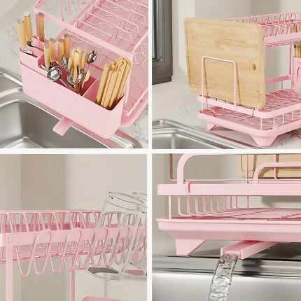 2-Tier Dish Drying Rack with Rotating Drain Spout, Rustproof Heavy-Duty Dish Rack with Utensil Holder, Space-Saving