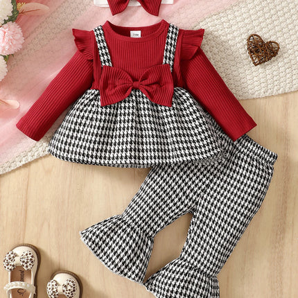Baby Girl Autumn/Winter Fashion Cute Round Neck Thousand Bird Grid Color blocked Lotus Leaf Side Sleeve Fake Two piece Strap Ski