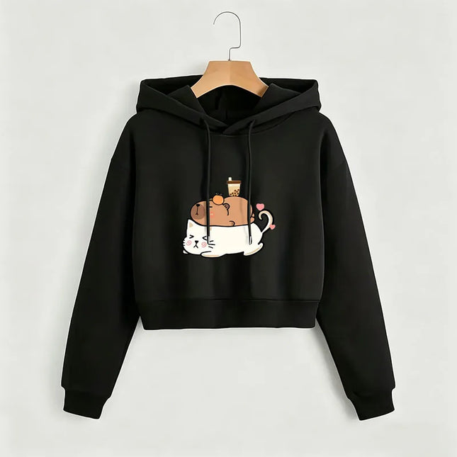 Kawaii Cat with Capybara Cropped Sweatshirt Crop Top Hoodie Y2k Sweatshirts Gothic Casual Style Clothes Pullover