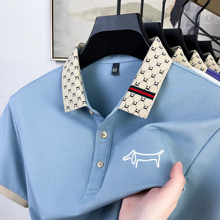 Men's summer high-end new silk short sleeved cartoon dog print pattern comfortable and refreshing Korean golf business T-shirt