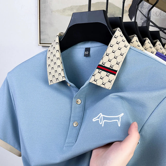 Men's summer high-end new silk short sleeved cartoon dog print pattern comfortable and refreshing Korean golf business T-shirt