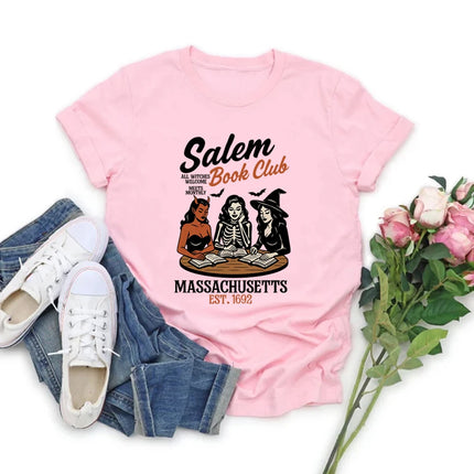 Witchy Book Club T-Shirt Spooky Girl Reading T-shirt Book Lover Halloween T-shirt Casual Women Graphic T-shirts Witches Salem Tee