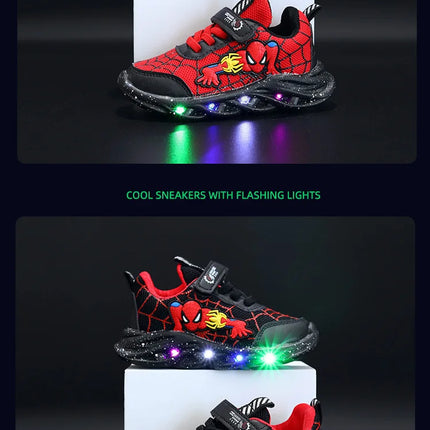 LED Casual Sneakers Red Black For Spring Boys Mesh Outdoor Spider-Man Shoes Children Lighted Non-slip Shoes Size 21-30