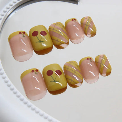 Dark Brown Flowers 24 Pcs Press-on Nails Pink Nail Polish Glossy Artificial Finger Manicure Reusable False Nails