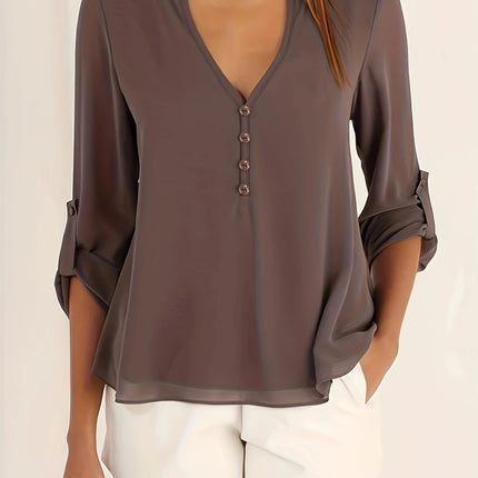 Plus Size Women’s Fashion Long Sleeved V-neck with Irregular Buttons on The Back Shirt  Women All Season Casual Shirt