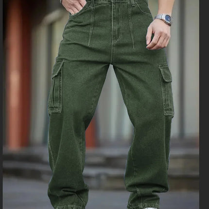 Men's Deep Blue Washed Denim Workwear Jeans Casual Multiple Pockets Design Loose Wide Leg Trousers Y2K Style Cargo Pants