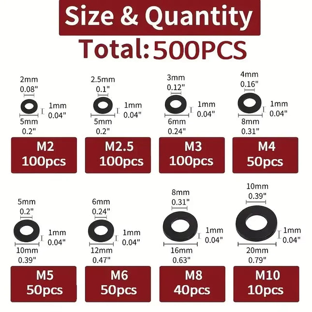 500 Pcs Mixed Sizes M2-M10 Black & White Nylon Flat Washers Insulating Gaskets for Screws And Bolts Kit