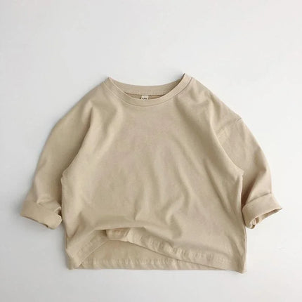 1-7Y Kids Cotton Shirt Solid Caramel Coffee Color Children's 2025 Autumn New Boys Girls Cotton Stylish Long Sleeved T-shirt