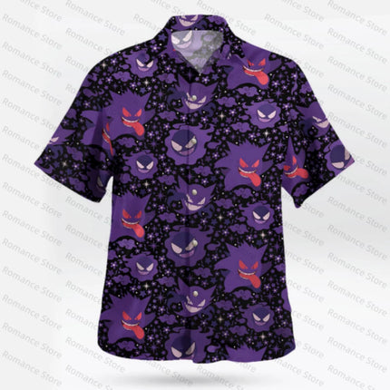 Anime Gengar Pattern Pokemon Button Up Hawaiian Shirt Summer Sports Dry Quickly Men's T-Shirt Kids Clothing Tee Y2k Woman Shirt