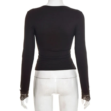 Sexy Lace Trim Long Sleeve T-shirt Solid V Neck Slim Fit Crop Top Fashion Splice Hottie Club Party Top Autumn New Lady Pullover