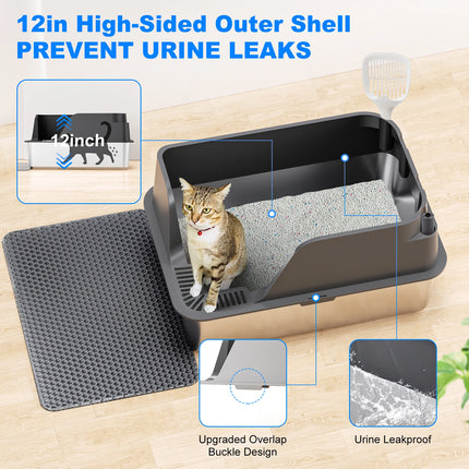 Stainless Steel Cat Litter Box, Extra Large Splash-proof & Leak-proof Litter Box Suitable for Large Cats
