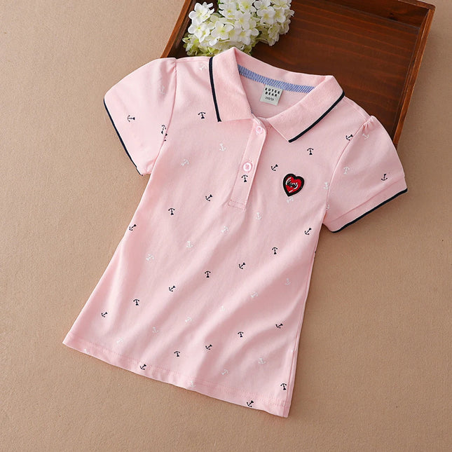 Children Polo Shirts Summer Short Sleeved Baby Girls Print Tee Top Shirt School Clothing 4T-12T Kids Cotton Tshirts