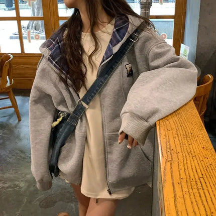 Brown Zip Up Hoodie Women  Autumn Lattice stitching Long Sleeve Casual Oversized Sweatshirt Solid Jacket Women Clothing